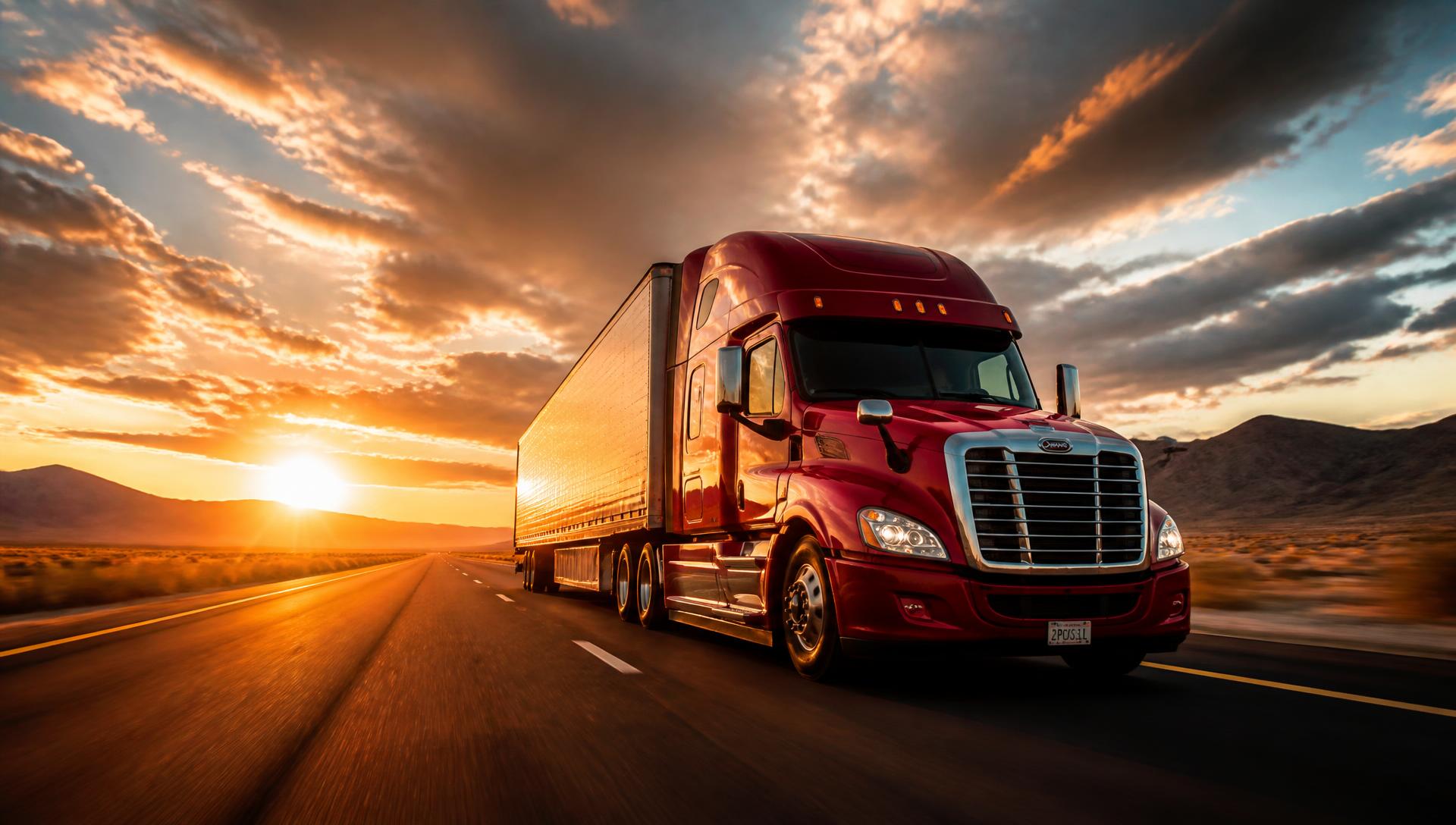 Semi truck driving on a highway at sunset